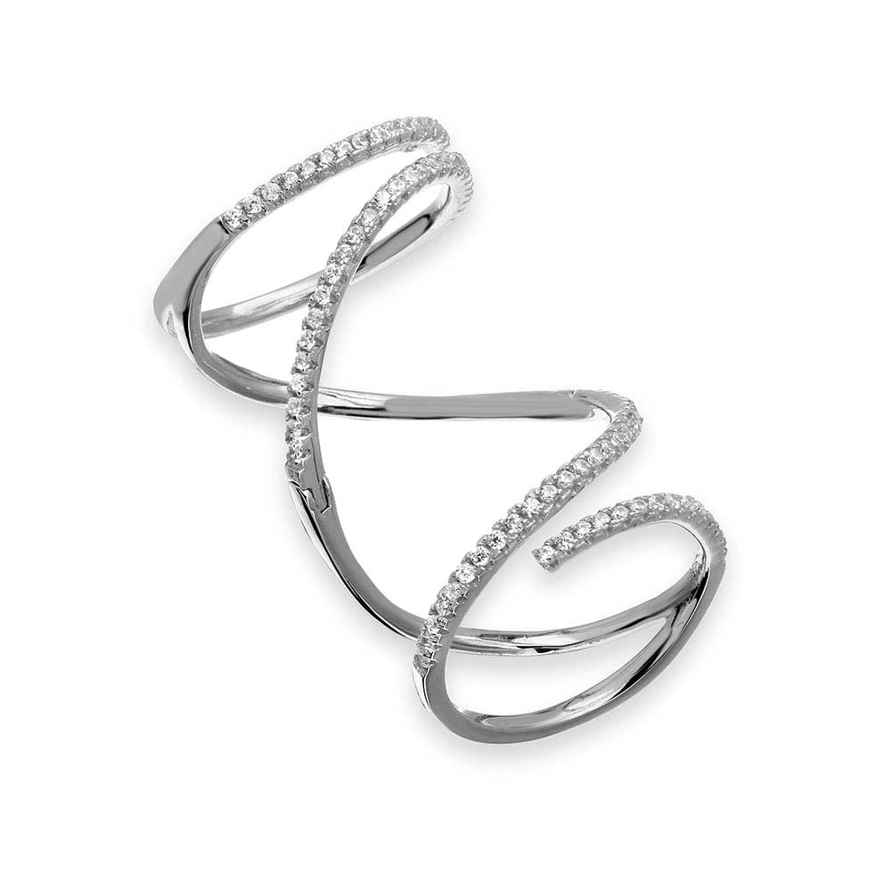 Sterling Silver Rhodium Plated Spiral Shaped Ring With CZ Stones