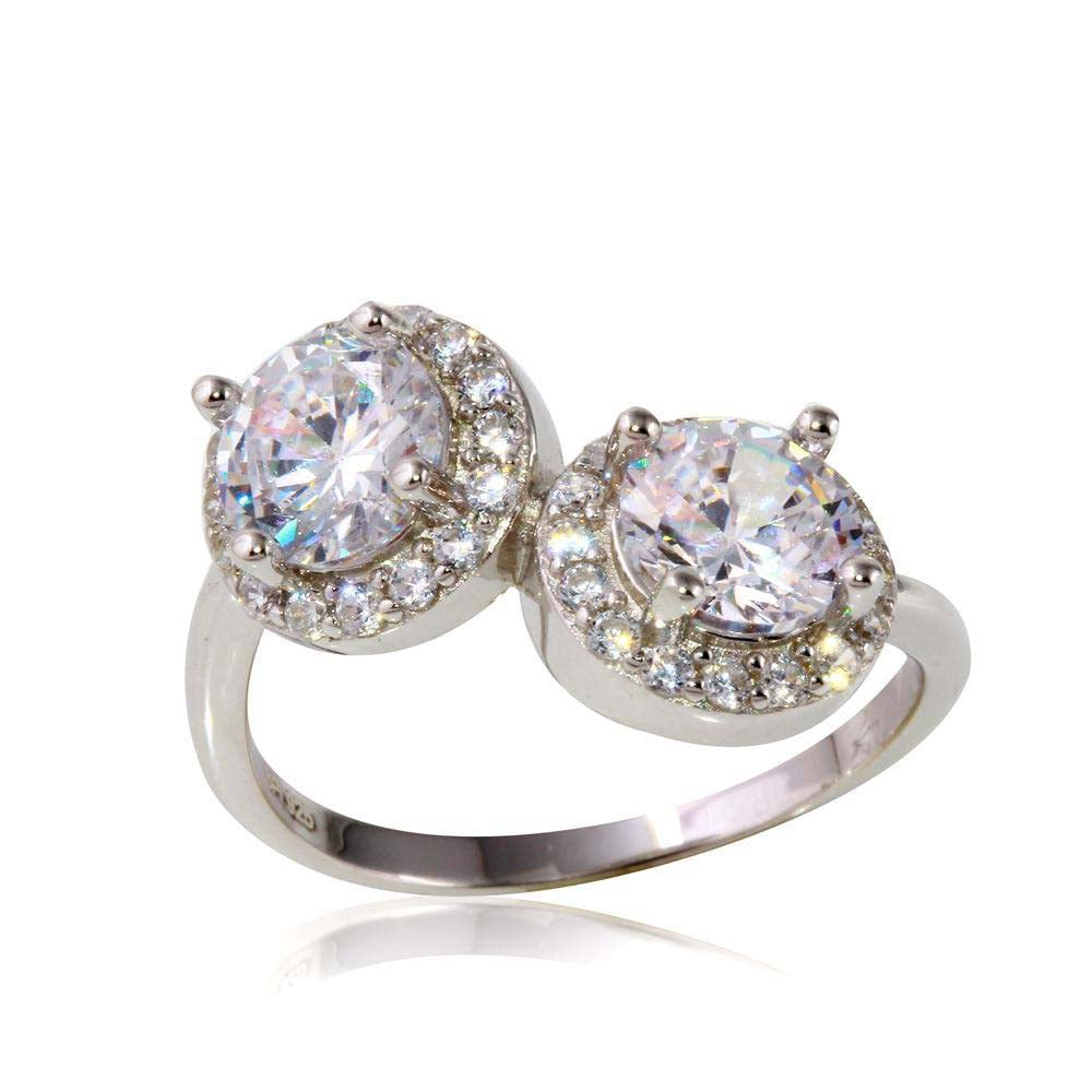 Sterling Silver Rhodium Plated Double Center Micro Pave Round CZ Ring