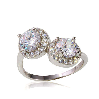 Sterling Silver Rhodium Plated Double Center Micro Pave Round CZ Ring