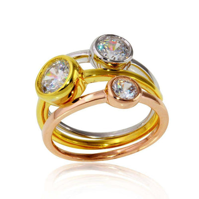 Sterling Silver Tri Color Plated Stackable Trio Round CZ Ring