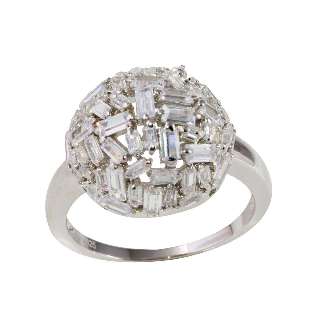 Sterling Silver Rhodium Plated Half Sphere Ring With Rectangle CZ