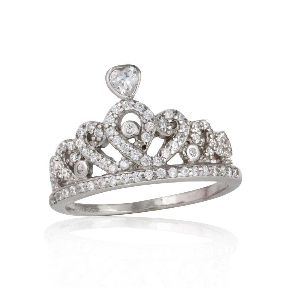 Sterling Silver Rhodium Plated Tiara Shaped Ring With CZ Stones