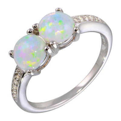 Sterling Silver Rhodium Plated Twin Opal Ring with CZ