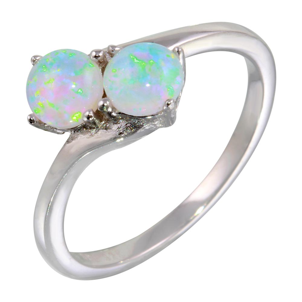 Sterling Silver Rhodium Plated Twin CZ Opal Ring