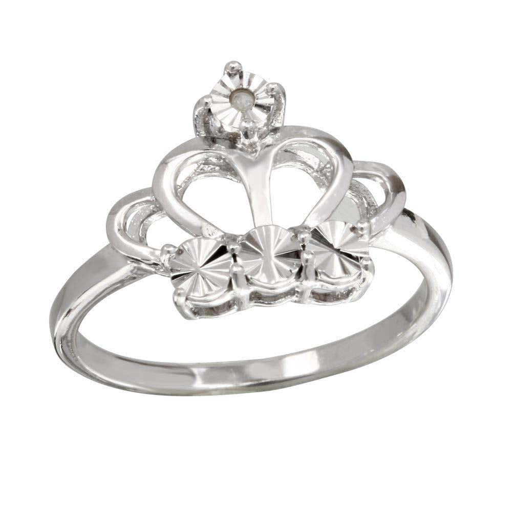 Sterling Silver Rhodium Plated Diamond Cut Crown Shaped Ring