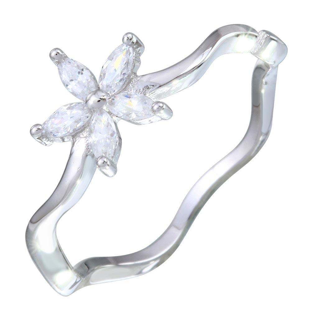 Sterling Silver Rhodium Plated Wavy 5 Petal Flower Shaped Ring With CZ Stones