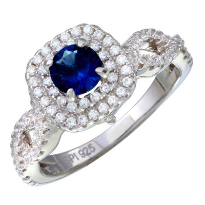 Sterling Silver Rhodium Plated Square Shaped Ladies Ring With Blue And Clear CZ