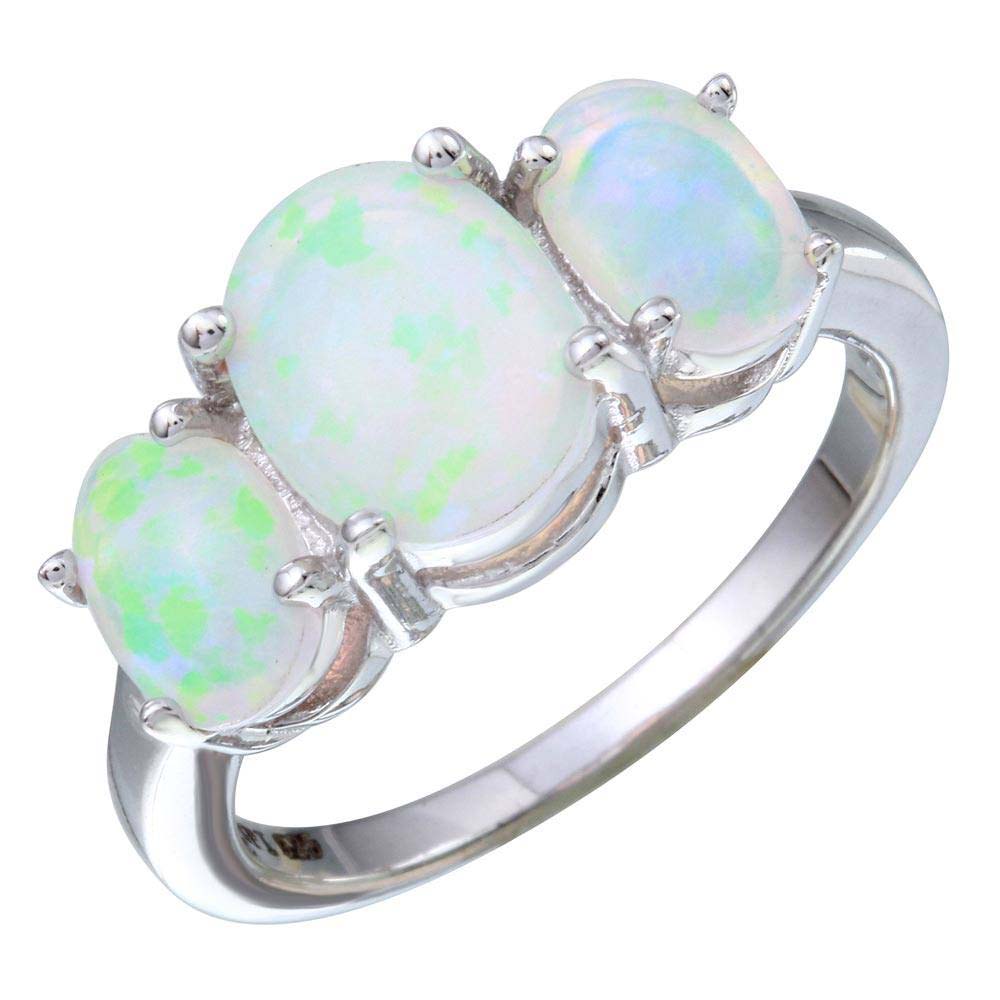 Sterling Silver Rhodium Plated Three White Opal Oval Shaped Rings