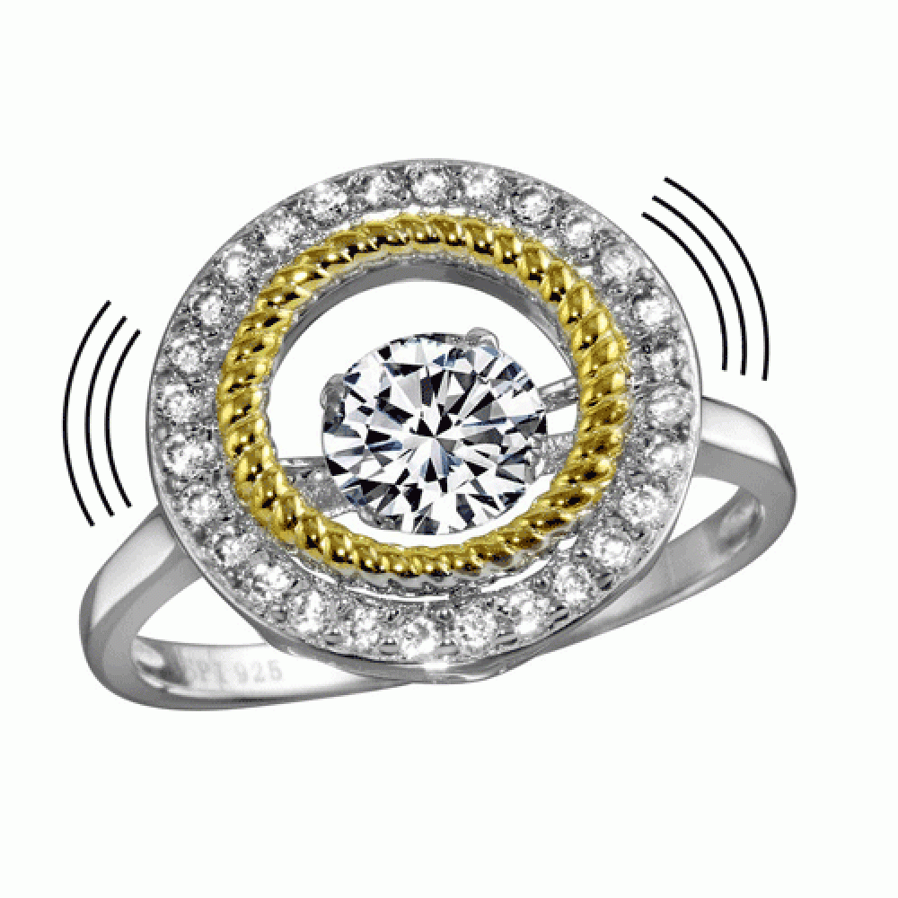 Sterling Silver Rhodium Plated Open Circle Ring With Dancing CZ