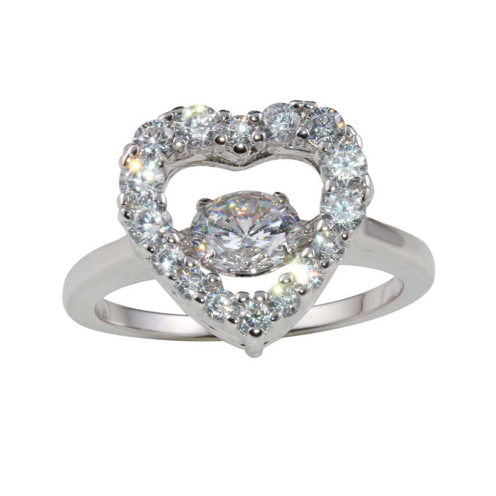 Sterling Silver Rhodium Plated Heart-Shaped Dancing CZ Ring