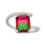 Sterling Silver Rhodium Plated Rectangle Open Shank Green to Red Gradient CZ Ring