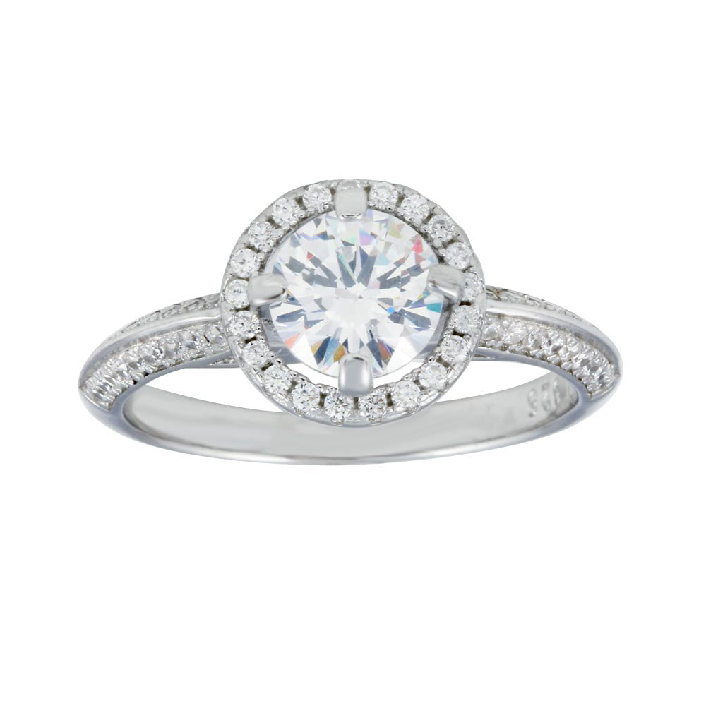 Sterling Silver Rhodium Plated Halo CZ Bridal Ring