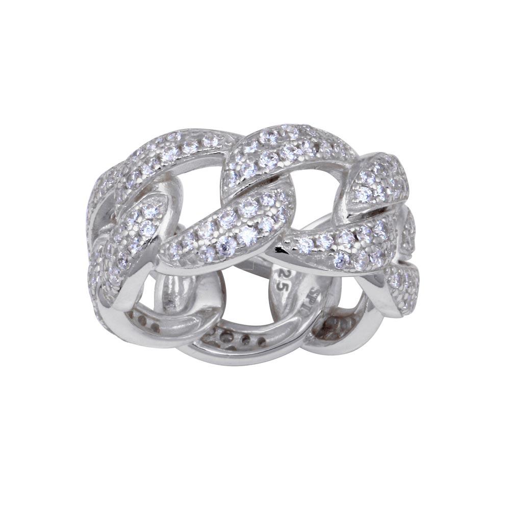 Sterling Silver Rhodium Plated Curb Design Link Ring-9.8mm