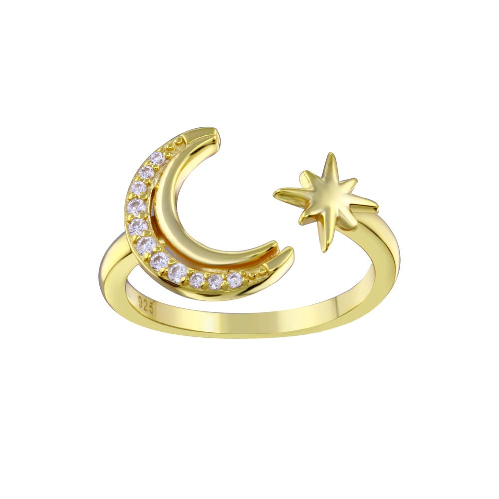 Sterling Silver Gold Plated Cresent Moon And Star CZ Ring