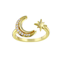 Load image into Gallery viewer, Sterling Silver Gold Plated Cresent Moon And Star CZ Ring