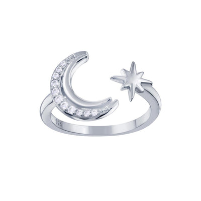 Sterling Silver Rhodium Plated Cresent Moon And Star CZ Ring