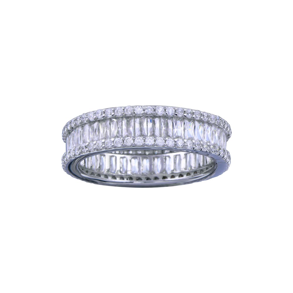 Sterling Silver Rhodium Plated CZ Baguette Band With Border Eternity Ring
