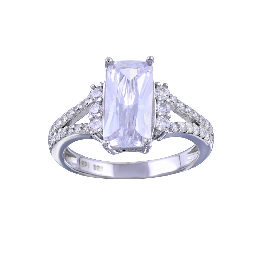 Sterling Silver Rhodium Plated Open Shank Rectangle Center CZ Bridal Ring