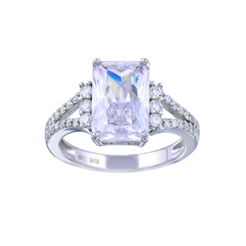 Sterling Silver Rhodium Plated Open Shank Wide Rectangle Center CZ Bridal Ring
