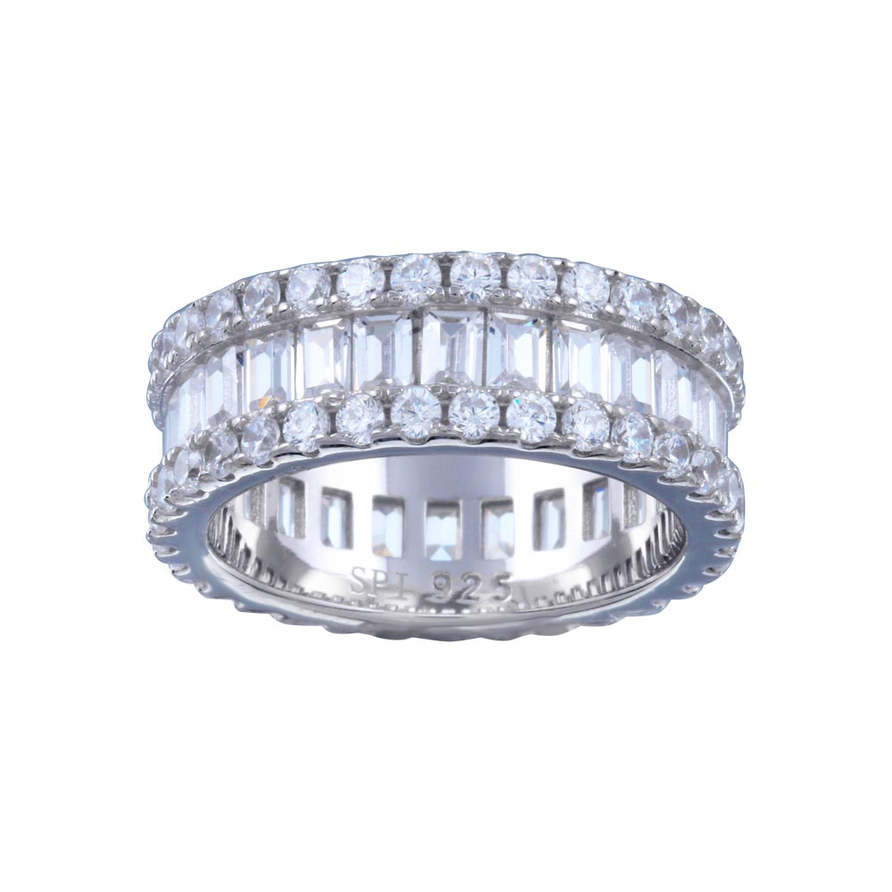 Sterling Silver Rhodium Plated CZ Baguette Band With Border Ring