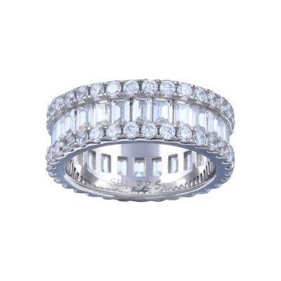 Sterling Silver Rhodium Plated CZ Baguette Band With Border Ring