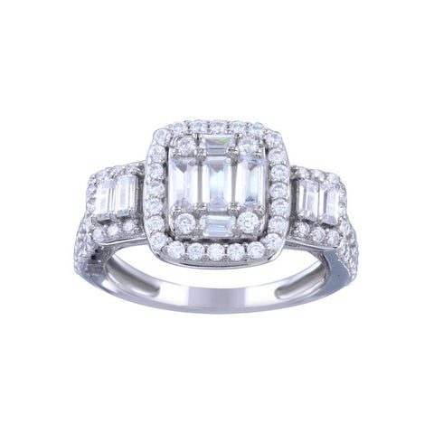 Sterling Silver Rhodium Plated Past Present Future Baguette CZ Bridal Ring