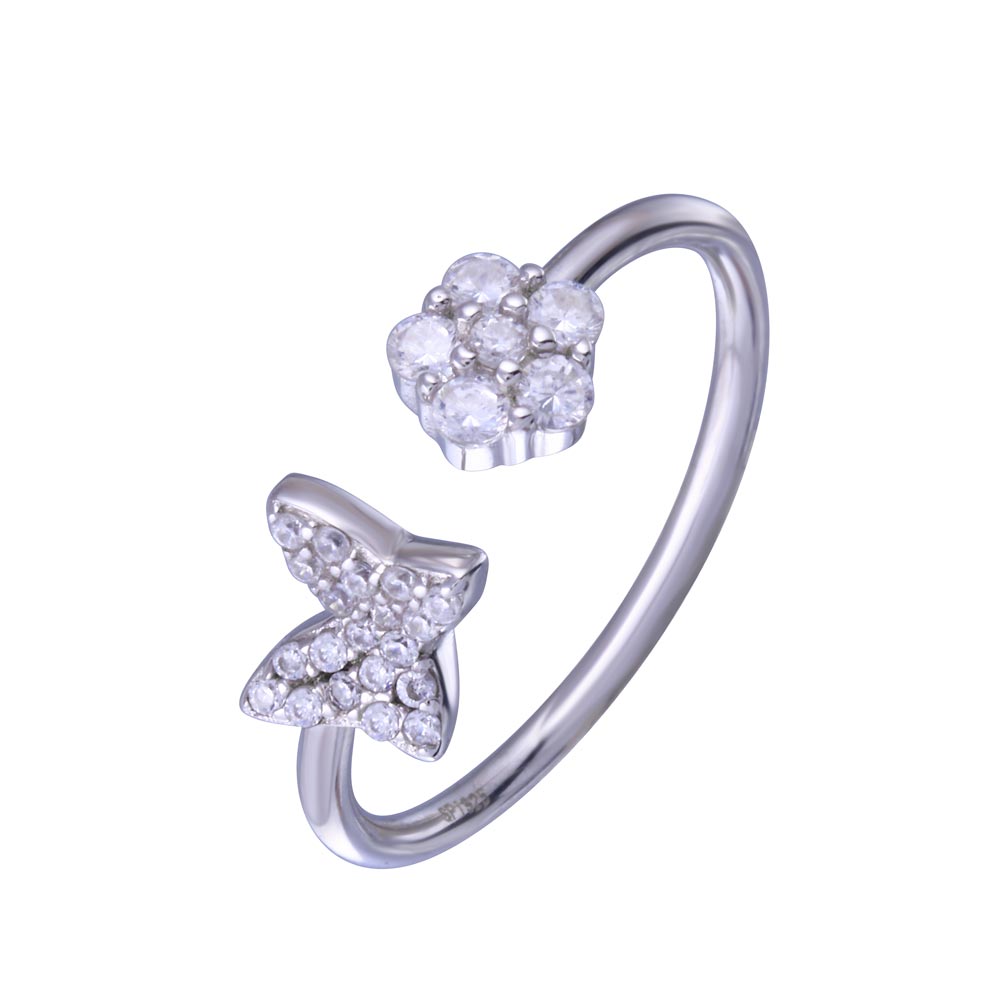 Sterling Silver Rhodium Plated Butterfly Flower With Clear CZ Ring