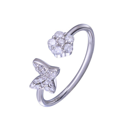 Sterling Silver Rhodium Plated Butterfly Flower With Clear CZ Ring