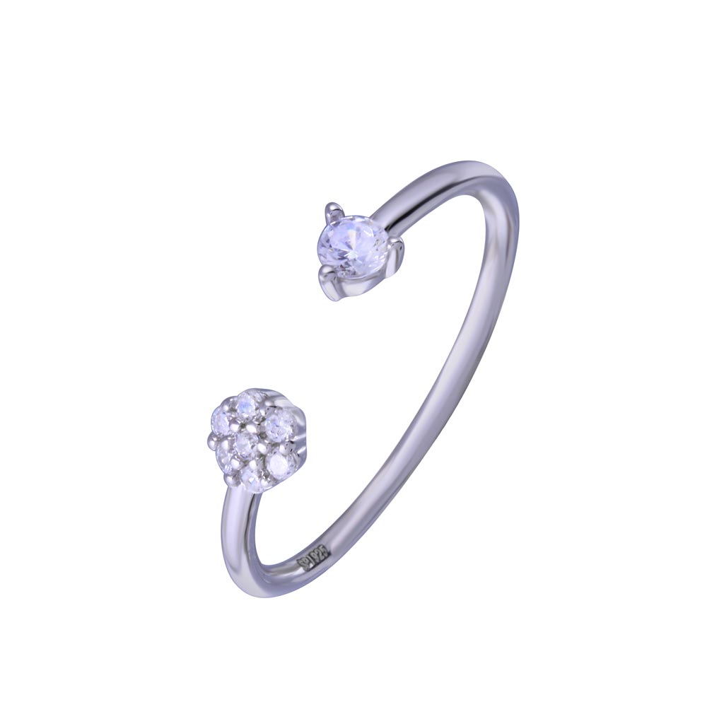 Sterling Silver Rhodium Plated Flower With Clear CZ Ring