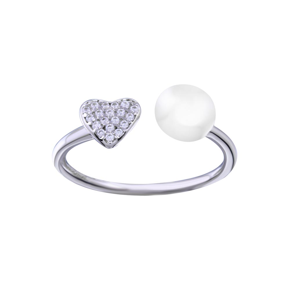 Sterling Silver Rhodium Plated Synthetic Pearl Heart CZ Open Ring