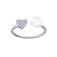 Load image into Gallery viewer, Sterling Silver Rhodium Plated Synthetic Pearl Heart CZ Open Ring