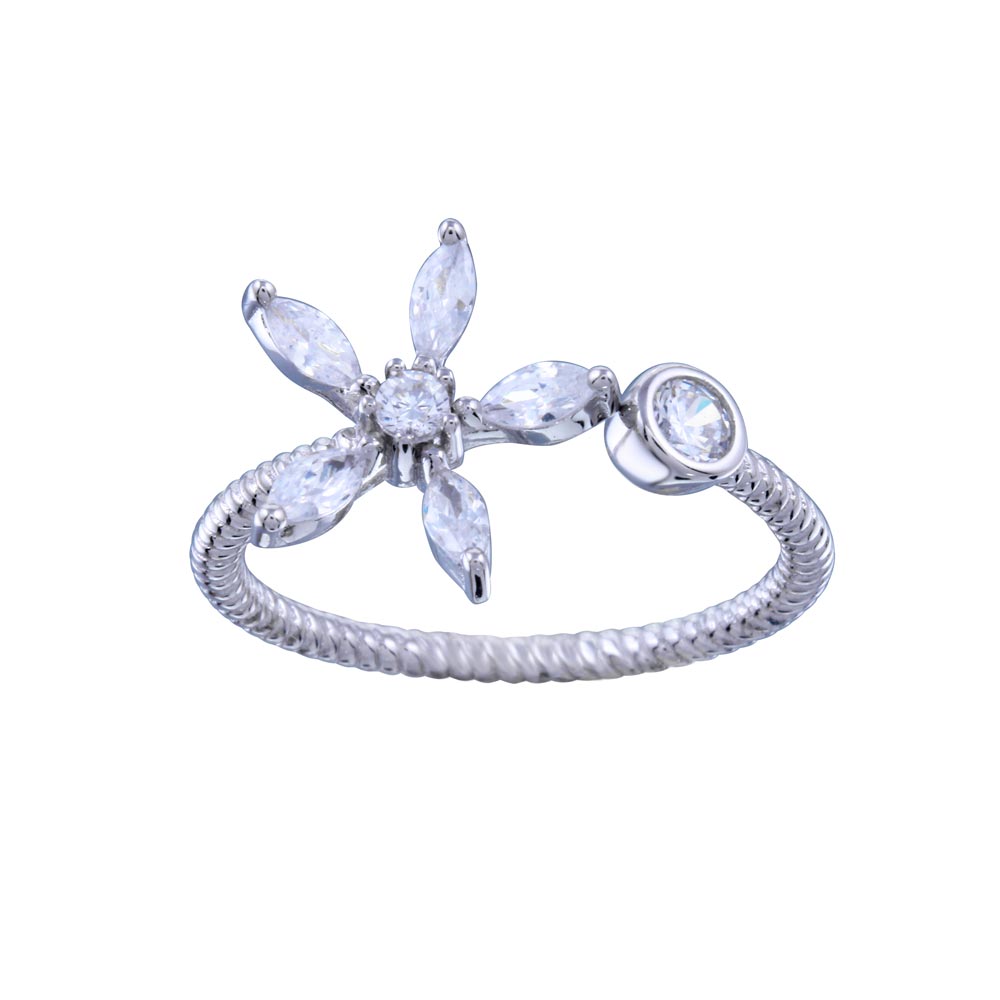 Sterling Silver Rhodium Plated CZ Flower Open Ring