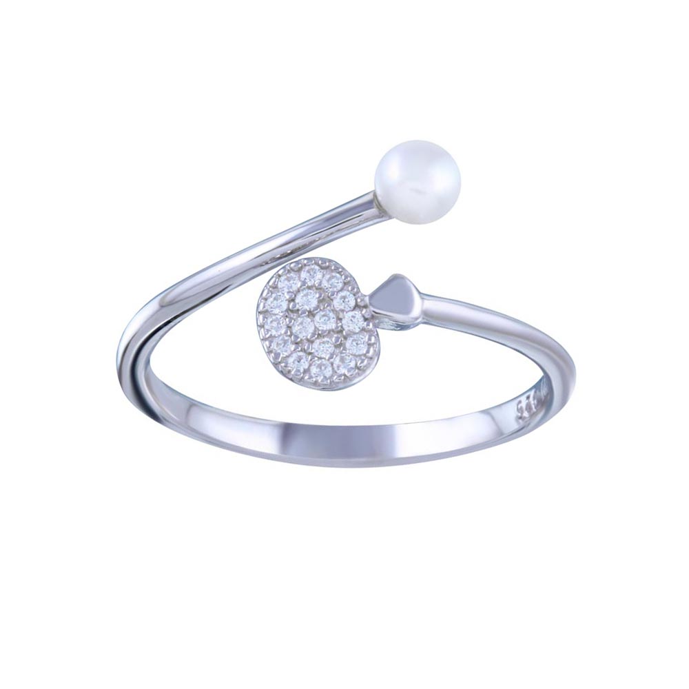 Sterling Silver Rhodium Plated Synthetic Pearl Disc CZ Open Ring