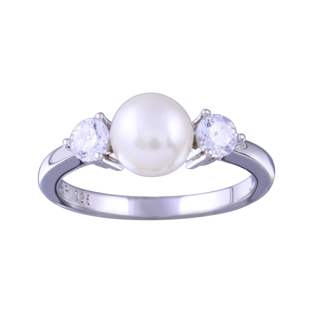 Sterling Silver Rhodium Plated Freshwater Pearl With Clear CZ Ring