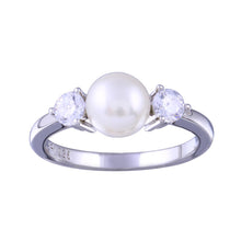 Load image into Gallery viewer, Sterling Silver Rhodium Plated Freshwater Pearl With Clear CZ Ring