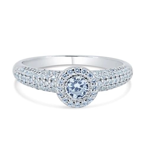 Sterling Silver Rhodium Plated Halo Micro Pave Engagement CZ Encrusted Ring