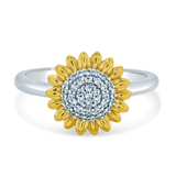 Sterling Silver Rhodium And Gold Plated Cubic Zirconia Sunflower Ring