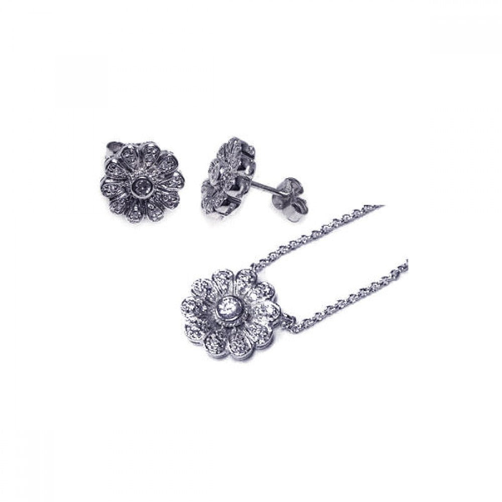 Sterling Silver Rhodium Plated Flower CZ Stud Earring and Necklace Set