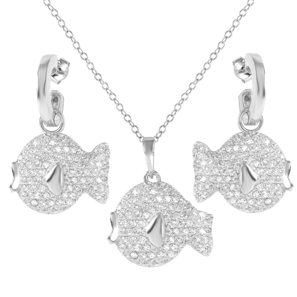 Sterling Silver Rhodium Plated Fish CZ Set