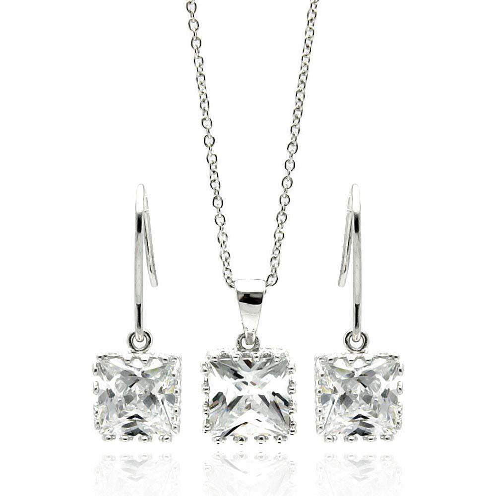 Sterling Silver Rhodium Plated Square Clear CZ Hook Dangling Set