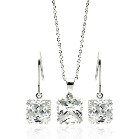 Sterling Silver Rhodium Plated Square Clear CZ Hook Dangling Set