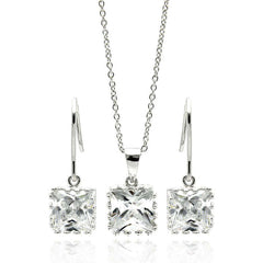 Sterling Silver Rhodium Plated Square Clear CZ Hook Dangling Set