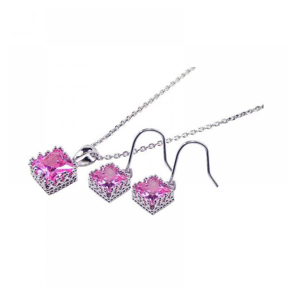 Sterling Silver Rhodium Plated Square Pink CZ Hook Dangling Set