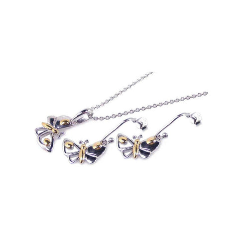 Sterling Silver Gold and Rhodium Plated Butterfly CZ Dangling Hook Earring and Necklace Set