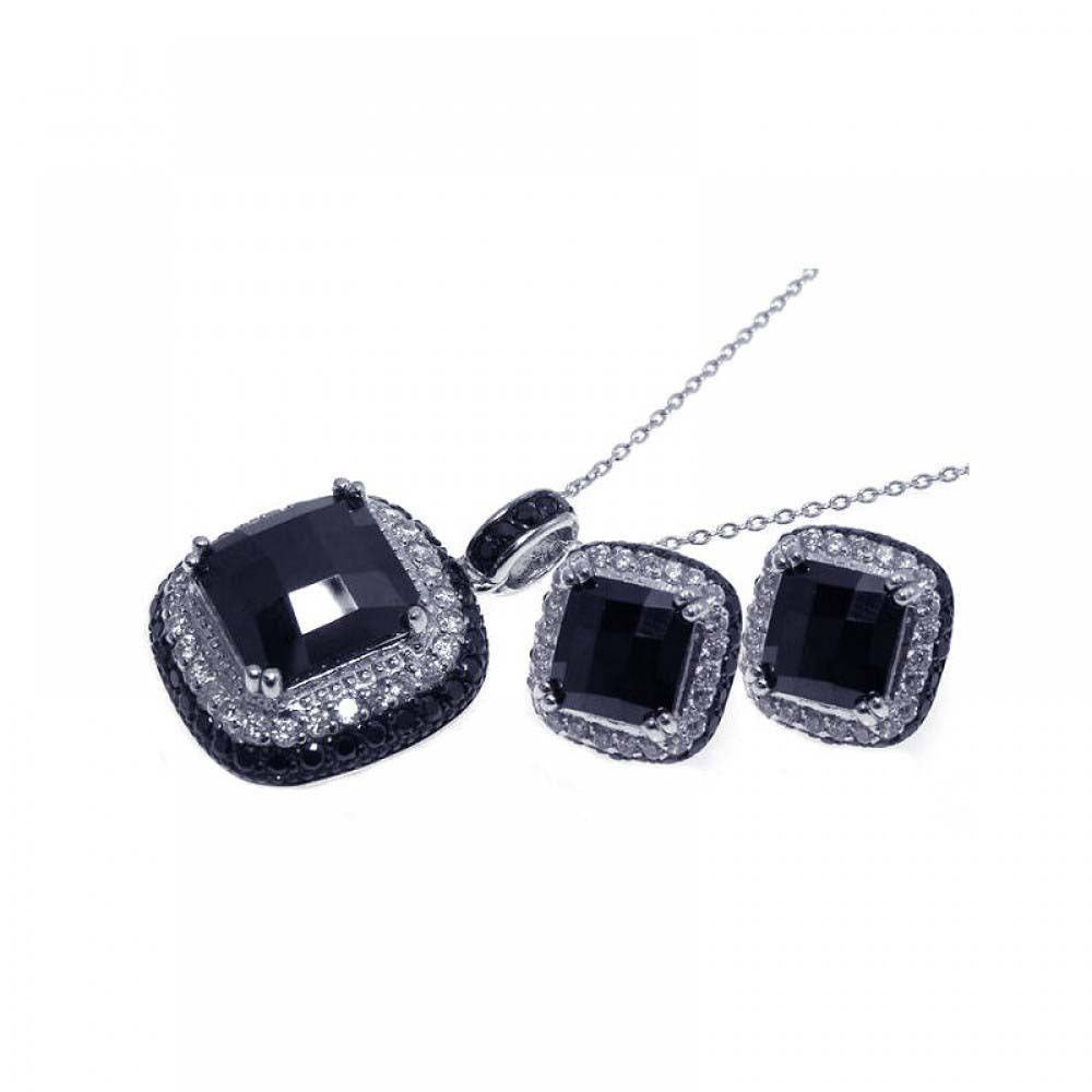 Sterling Silver Black And Rhodium Plated Square CZ Stud Set