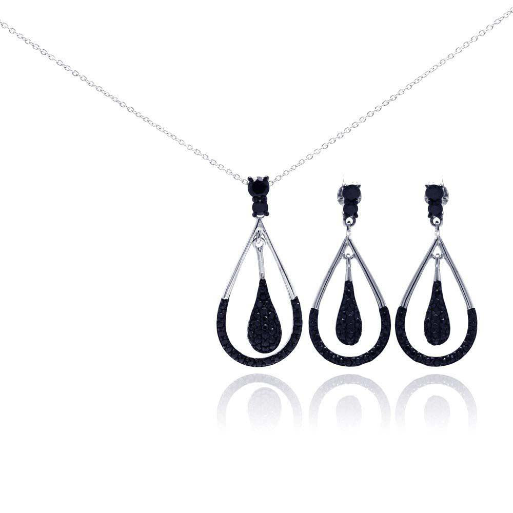 Sterling Silver Rhodium Plated Open Teardrop Black CZ Dangling Set