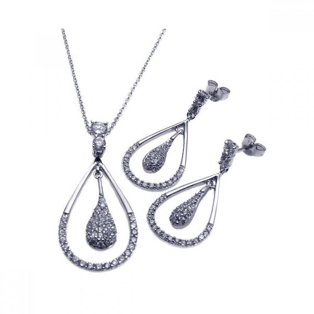 Sterling Silver Rhodium Plated Open Teardrop Clear CZ Dangling Set