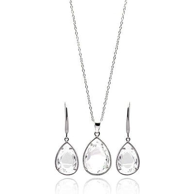 Sterling Silver Rhodium Plated Teardrop Clear CZ Dangling Set