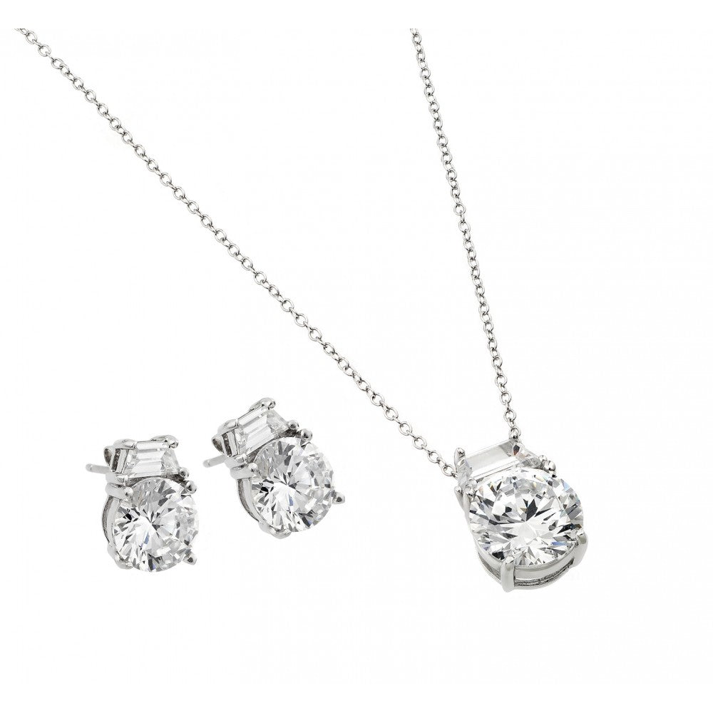 Sterling Silver Rhodium Plated Round CZ Stud Earring and Necklace Set