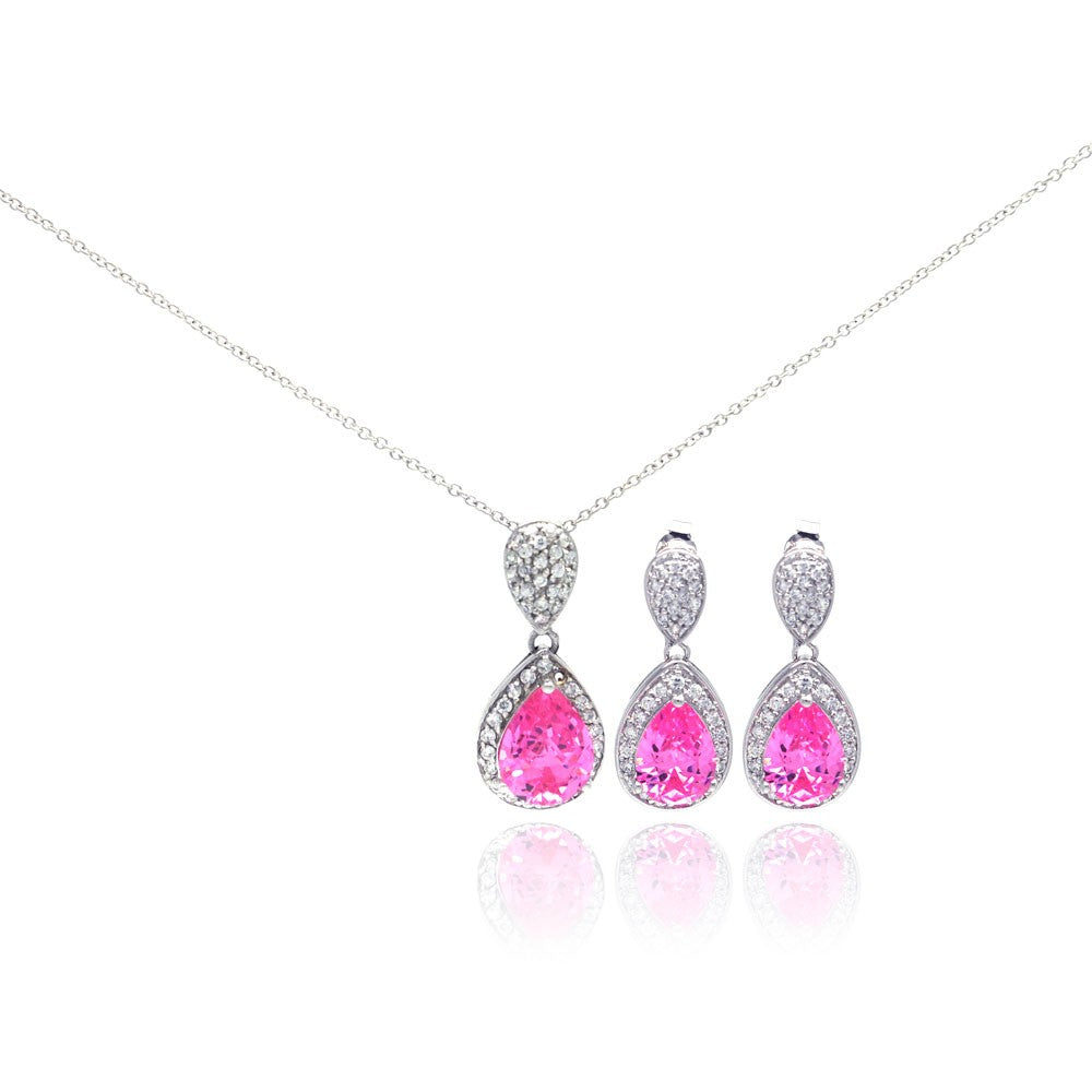 Sterling Silver Rhodium Plated Pink Teardrop CZ Dangling Stud Earring and Necklace Set